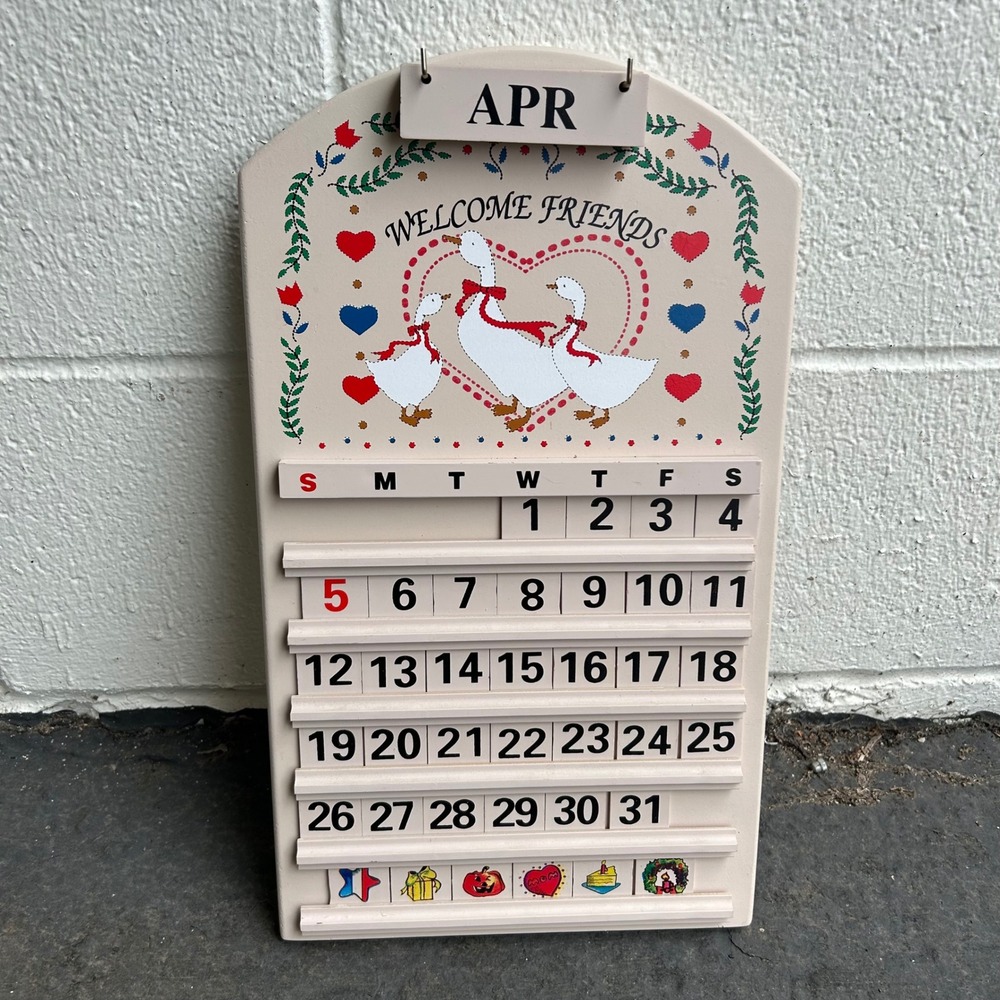 Vintage Goose Hearts Cottagecore Perpetual Calendar Wooden Tile Welcome Friends